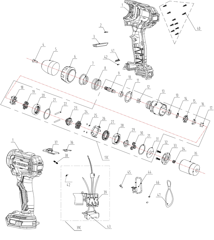 ЗУБР 20 В, 40 Н·м, без АКБ (LMS), дрель-шуруповерт (ДШ-40) - посмотреть вариант разборной схемы