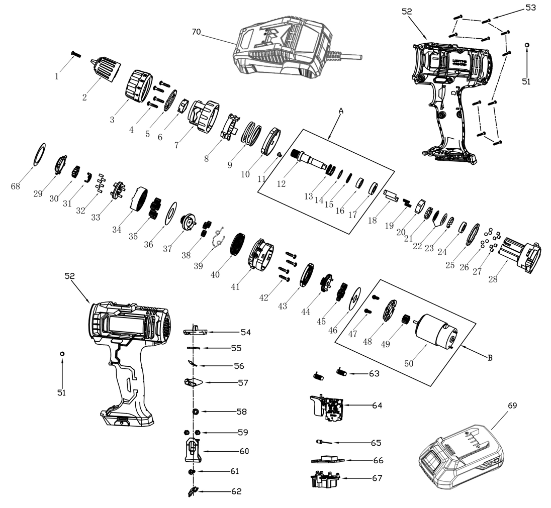 ЗУБР С1-18, 18 В, 40 Н·м, без АКБ, ударная дрель-шуруповерт (ДШУ-185) - посмотреть вариант разборной схемы
