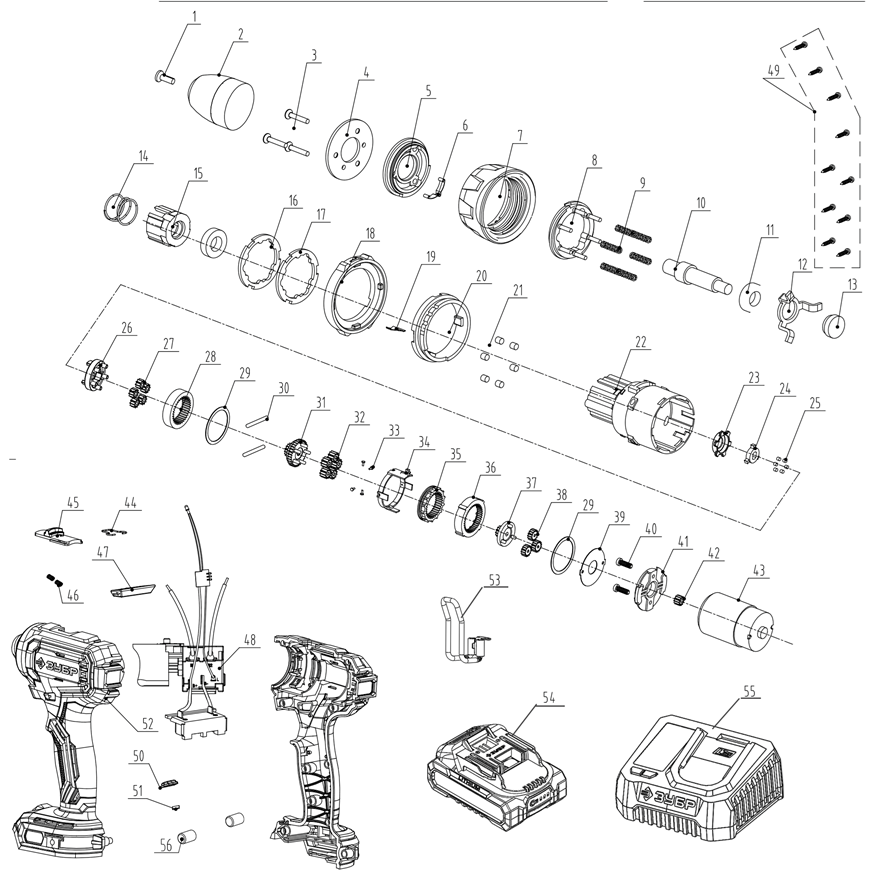 ЗУБР 20 В, 40 Н·м, без АКБ (LMS), ударная дрель-шуруповерт (ДШУ-40) - посмотреть вариант разборной схемы