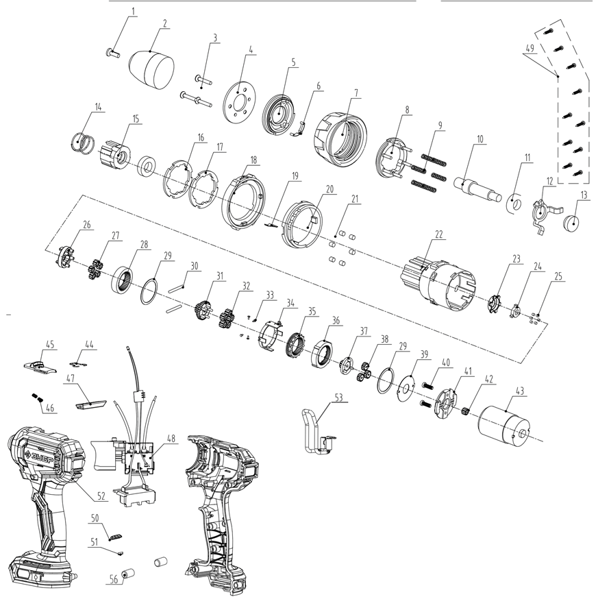 ЗУБР 20 В, 40 Н·м, без АКБ (LMS), ударная дрель-шуруповерт (ДШУ-40) - посмотреть вариант разборной схемы