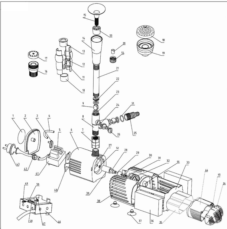 ЗУБР 50 Вт, фонтанный насос для грязной воды (ЗНФГ-33-2.5) - разборная схема