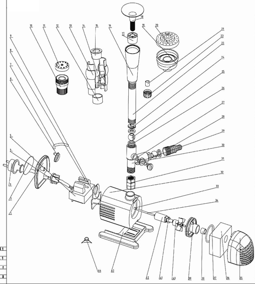 ЗУБР 38 Вт, фонтанный насос (ЗНФЧ-25-2.0) - разборная схема
