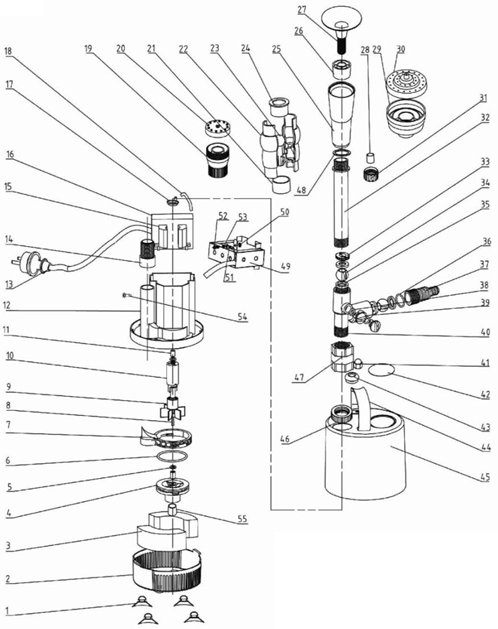 ЗУБР 50 Вт, фонтанный насос, корпус из нержавеющей стали (ЗНФЧ-29-2.3-С) - разборная схема