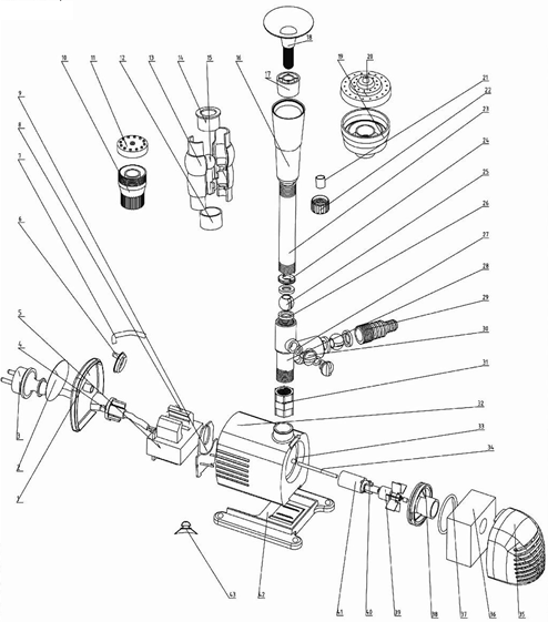 ЗУБР 50 Вт, фонтанный насос (ЗНФЧ-33-2.5) - разборная схема