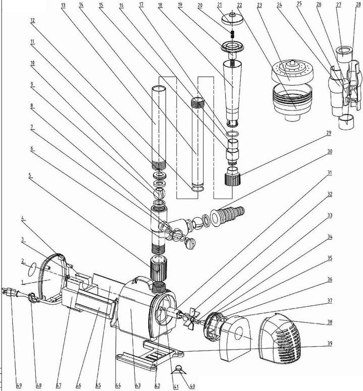 ЗУБР 85 Вт, фонтанный насос (ЗНФЧ-50-3.4) - разборная схема