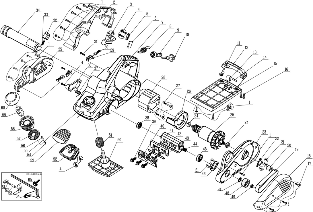ЗУБР 1100 Вт, 110 мм, электрический рубанок (электрорубанок) (ЗР-1100-110) - разборная схема