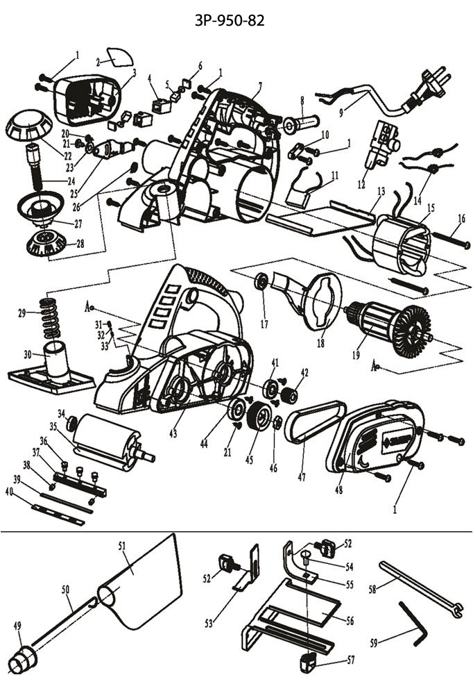 ЗУБР 950 Вт, 82 мм, электрический рубанок (электрорубанок) (ЗР-950-82) - разборная схема
