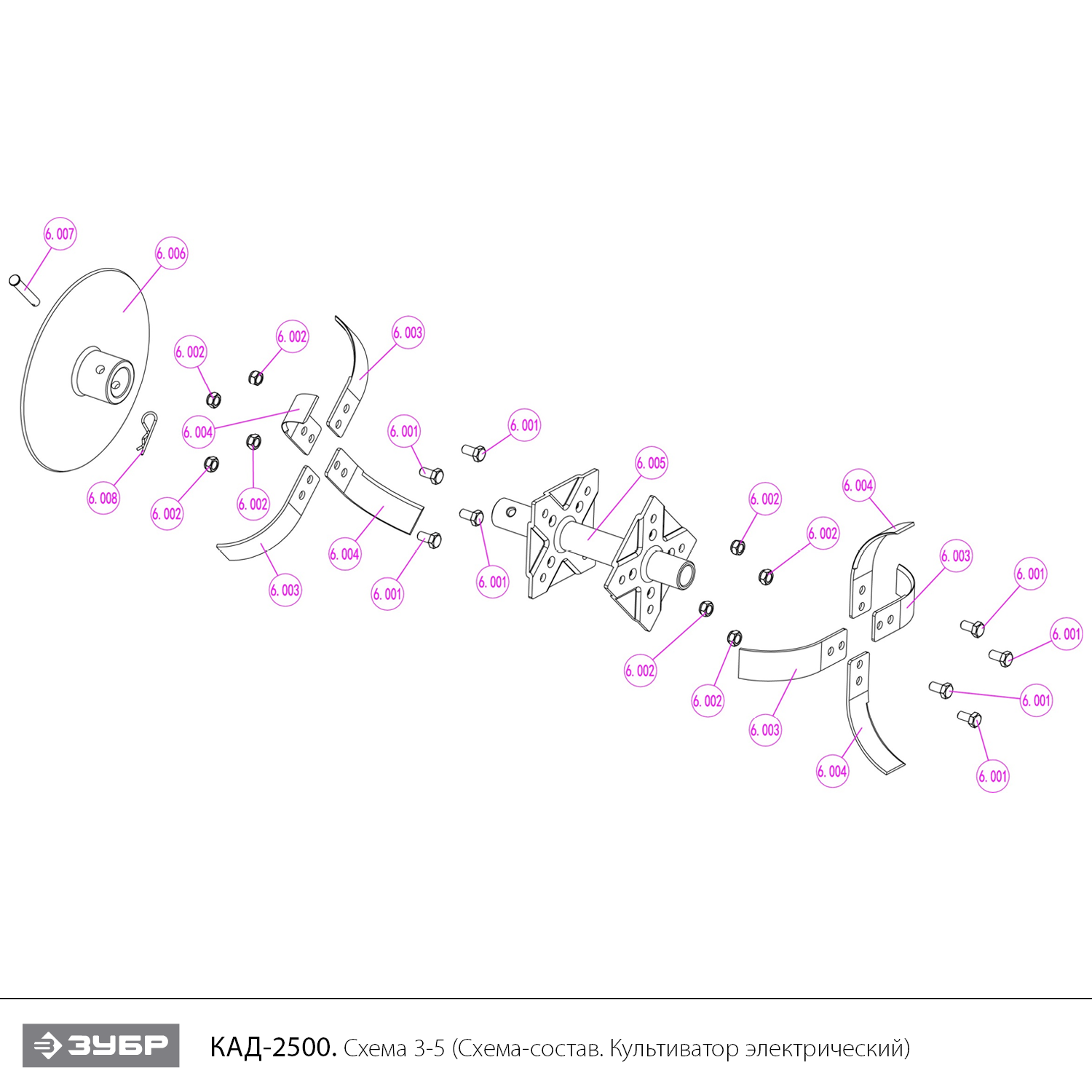 ЗУБР 2500 Вт, электрический культиватор (КАД-2500) - посмотреть вариант разборной схемы