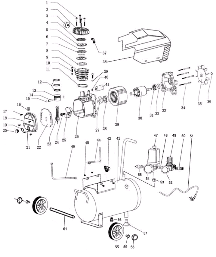 ЗУБР 240 л/мин, 24 л, 1500 Вт, масляный компрессор (КПМ-240-24) - посмотреть вариант разборной схемы
