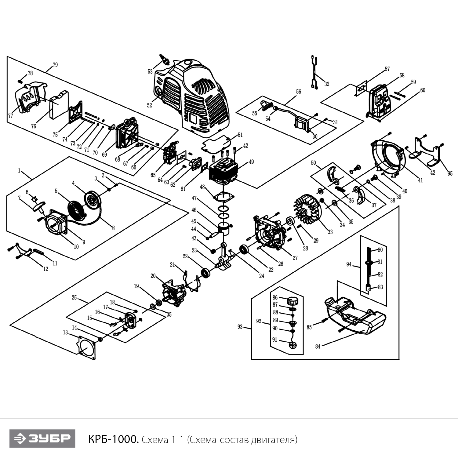 ЗУБР 1 кВт, бензиновый триммер (КРБ-1000) - посмотреть вариант разборной схемы