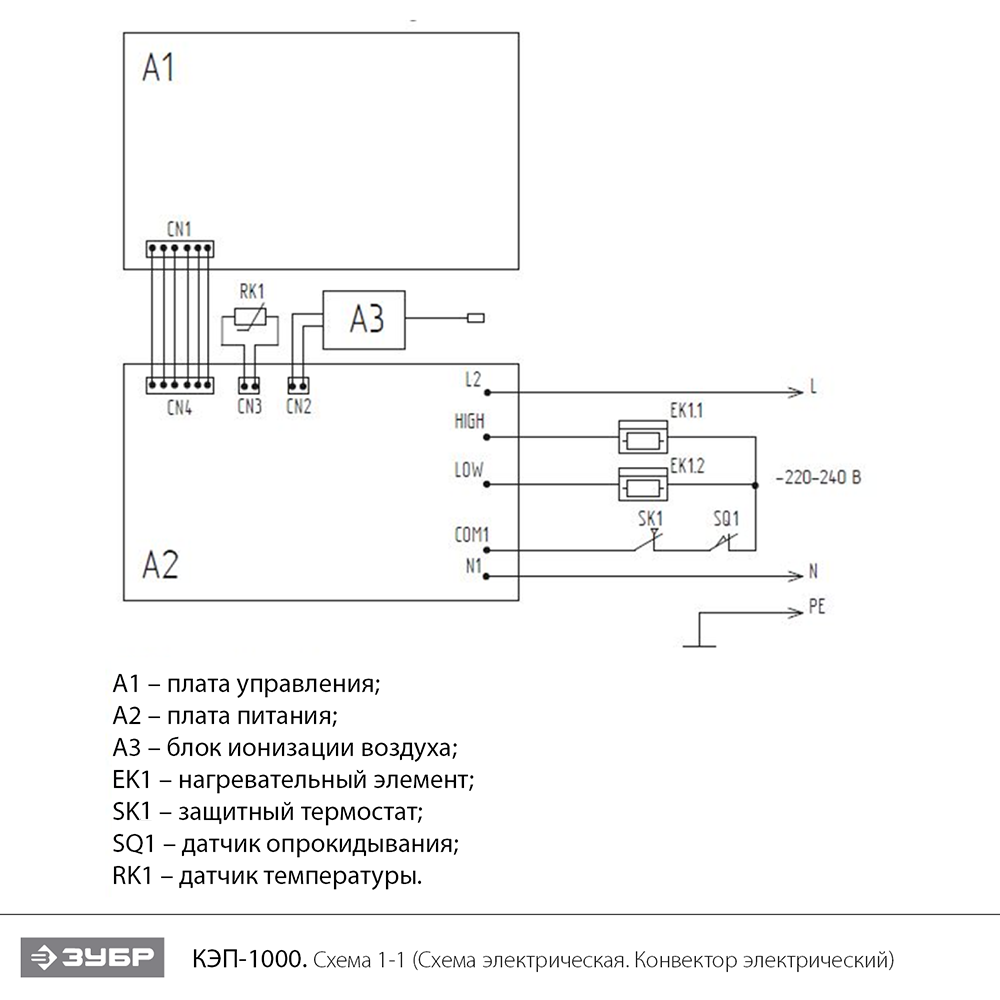 ЗУБР ПРО серия 1 кВт, электрический конвектор, Профессионал (КЭП-1000) - посмотреть вариант разборной схемы