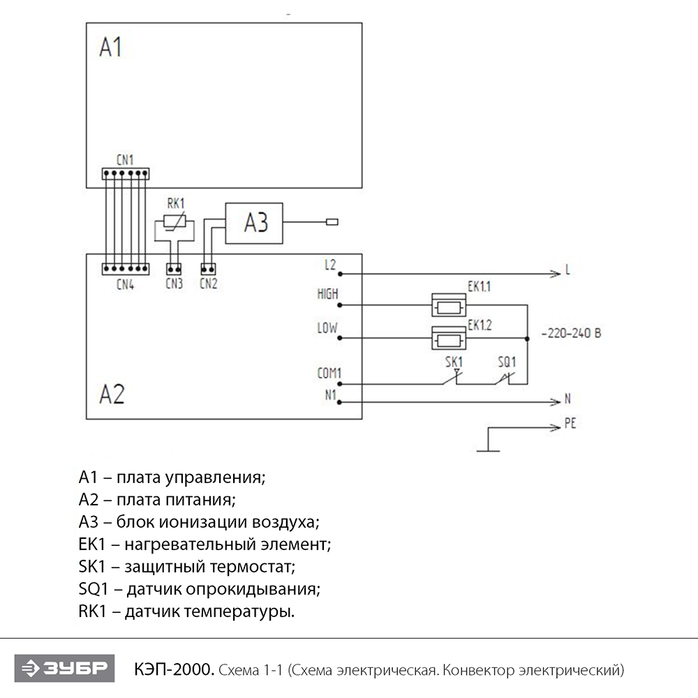 ЗУБР ПРО серия 2 кВт, электрический конвектор, Профессионал (КЭП-2000) - посмотреть вариант разборной схемы