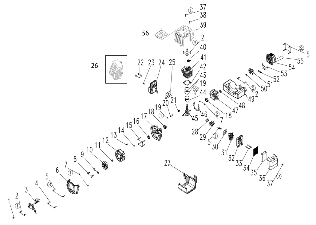 ЗУБР d 60 - 150 мм, 43 см3, 1 оператор, мотобур (бензобур) (МБ1-150) - посмотреть вариант разборной схемы