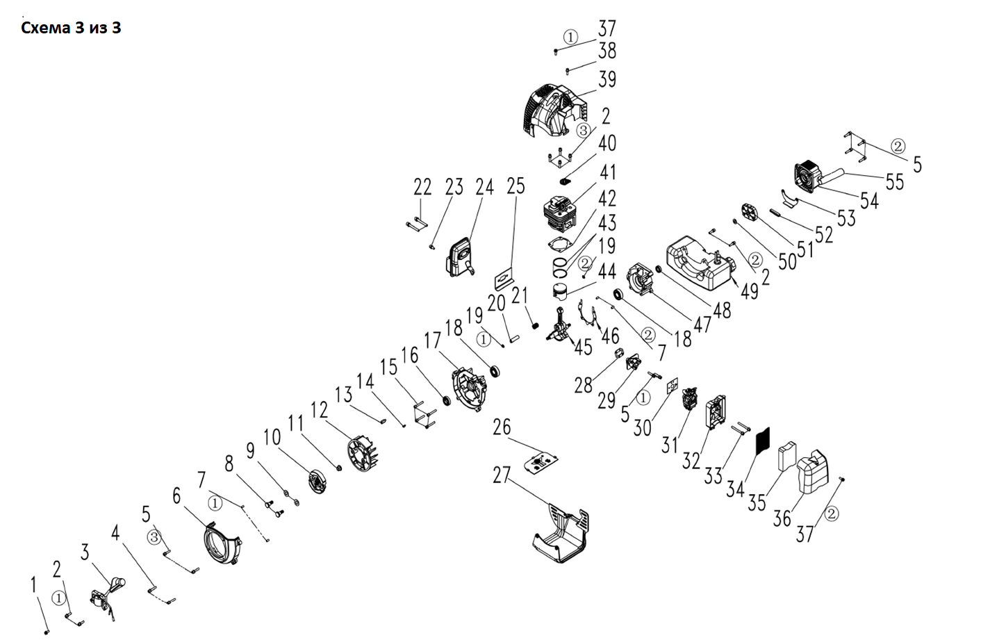 ЗУБР d 60 - 200 мм, 52 см3, 1 оператор, мотобур (бензобур) (МБ1-200) - посмотреть вариант разборной схемы