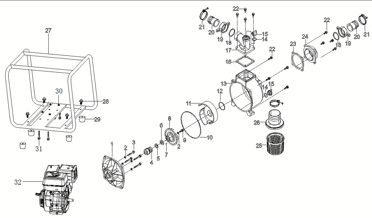 ЗУБР 1000 л/мин, мотопомпа бензиновая (МП-1000) - посмотреть вариант разборной схемы