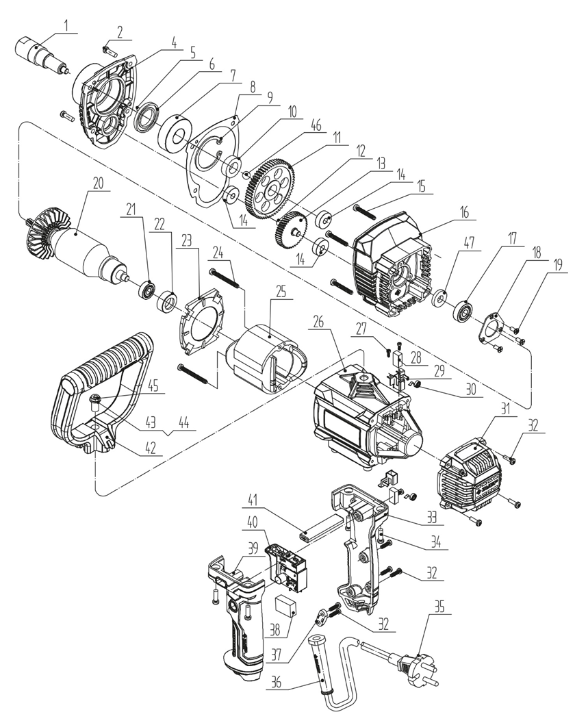 ЗУБР 1100 Вт, М14, дрель-миксер (МР-1100) - разборная схема