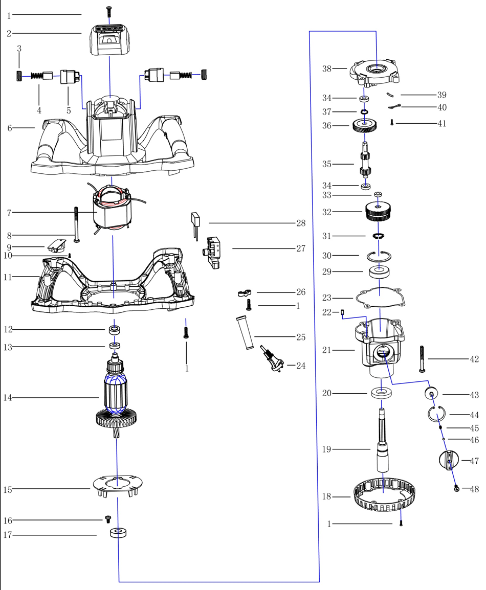 ЗУБР 1400 Вт, М14, строительный миксер, 2 скорости (МР-1400-2) - разборная схема