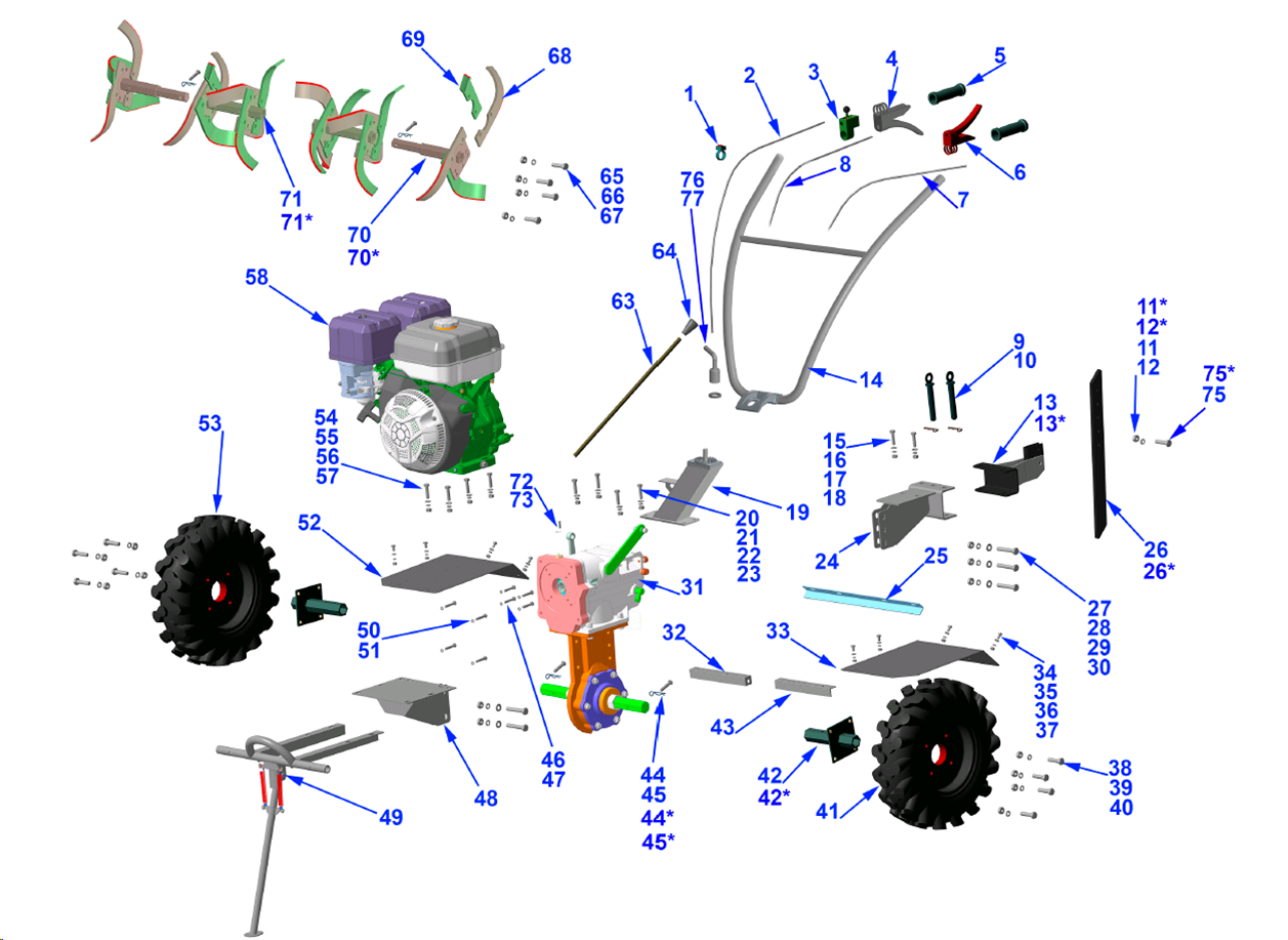 ЗУБР 7 л.с., мотоблок с ВОМ (МТШ-500) - посмотреть вариант разборной схемы