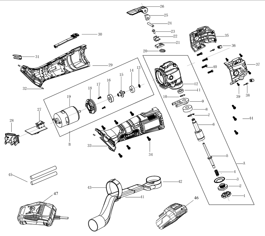 ЗУБР C1-18, 18 В, OQIS, АКБ (2 А·ч), реноватор, сумка, набор насадок (МФИ-18-21) - разборная схема