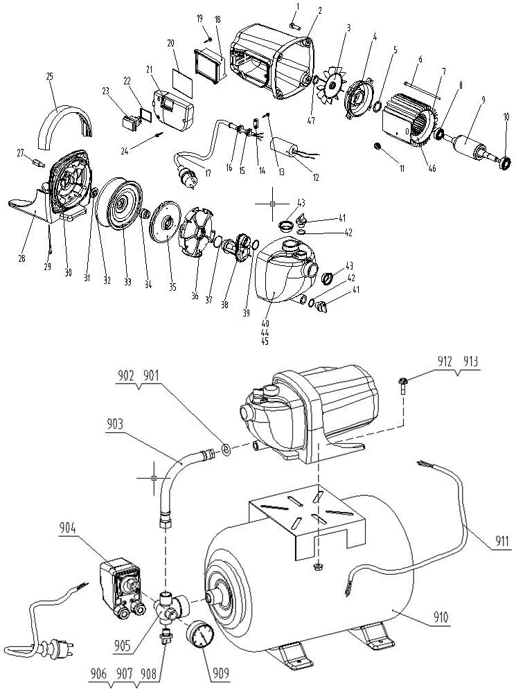 ЗУБР 1000 Вт, бак 20 л, автоматическая насосная станция (НАС-М3-1000) - разборная схема