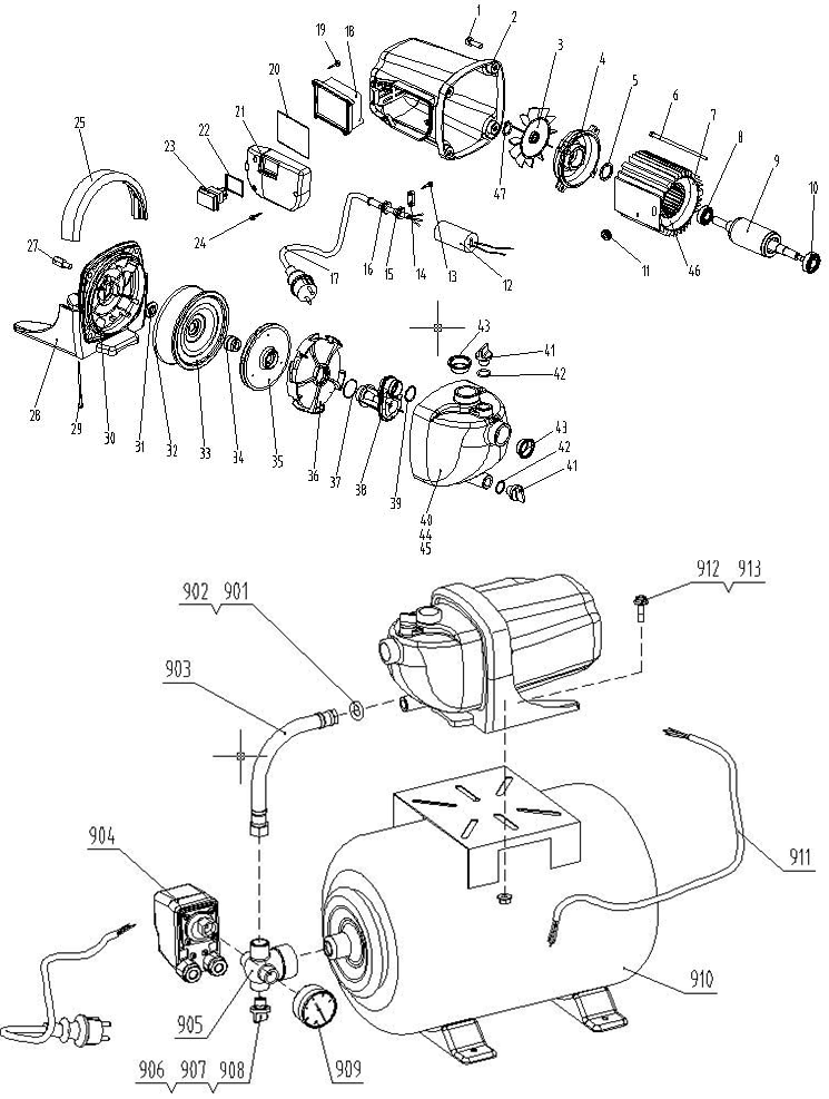 ЗУБР 1200 Вт, бак 20 л, автоматическая насосная станция (НАС-М3-1200) - посмотреть вариант разборной схемы