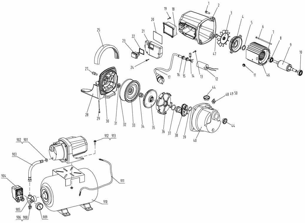 ЗУБР 800 Вт, бак 20 л, автоматическая насосная станция (НАС-М3-800) - посмотреть вариант разборной схемы