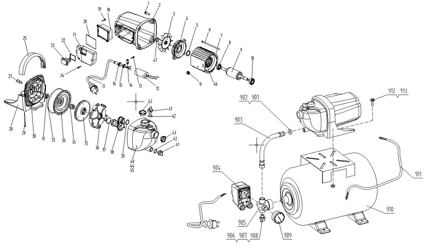 ЗУБР 800 Вт, бак 20 л, автоматическая насосная станция (НАС-М3-800) - посмотреть вариант разборной схемы