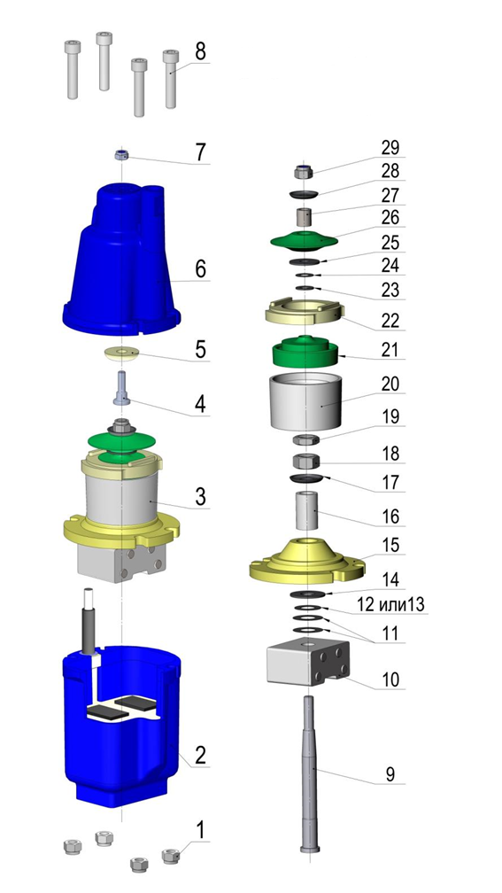 ЗУБР Родничок-В, 10 м, вибрационный насос с верхним забором (НВВ-10) - разборная схема