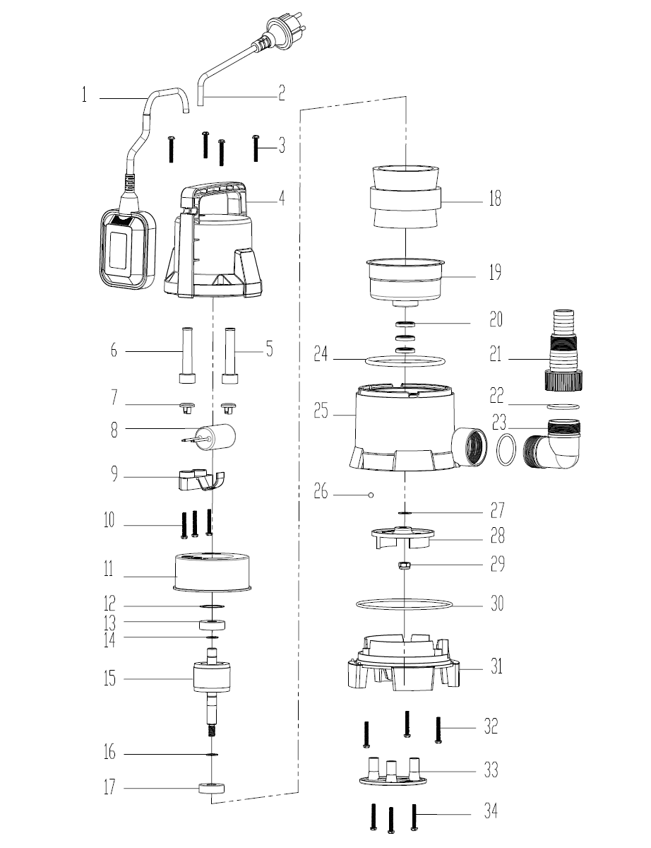 ЗУБР 300 Вт, дренажный насос для грязной воды (НПГ-М1-300) - разборная схема