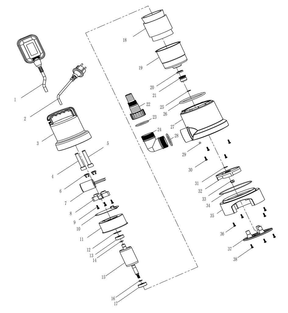 ЗУБР 900 Вт, дренажный насос для грязной воды (НПГ-М1-900) - разборная схема