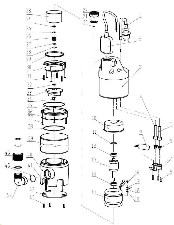 ЗУБР 1100 Вт, дренажный насос для грязной воды, корпус - нерж. сталь (НПГ-М3-1100-С) - разборная схема