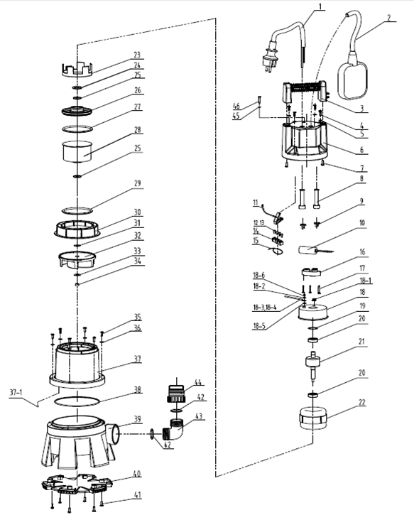 ЗУБР 1300 Вт, дренажный насос для грязной воды, Профессионал (НПГ-Т3-1300) - разборная схема