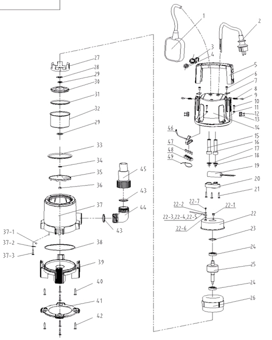 ЗУБР 900 Вт, дренажный насос для грязной воды, Профессионал (НПГ-Т3-900) - разборная схема
