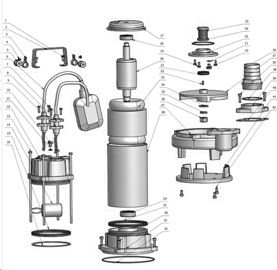 ЗУБР 1500 Вт, дренажный насос с большим напором для грязной воды, Профессионал (НПГ-Т5-1500) - разборная схема