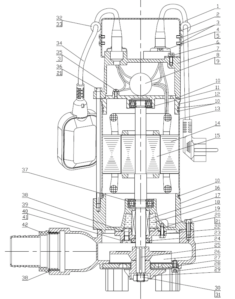 ЗУБР 1100 Вт, фекальный насос с режущим механизмом (НПФ-1100-Р) - разборная схема