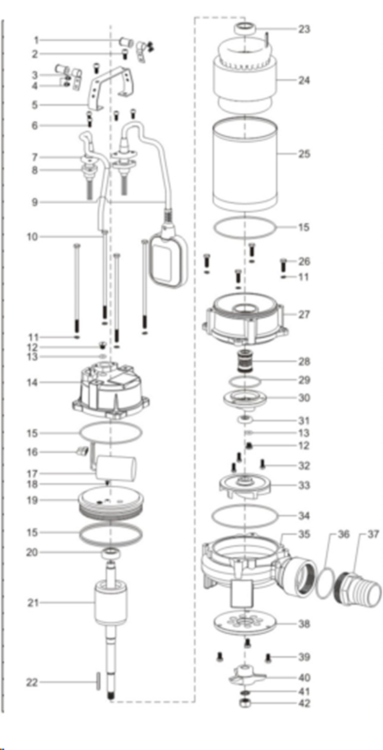 ЗУБР 1350 Вт, фекальный насос с режущим механизмом (НПФ-1350-Р) - разборная схема