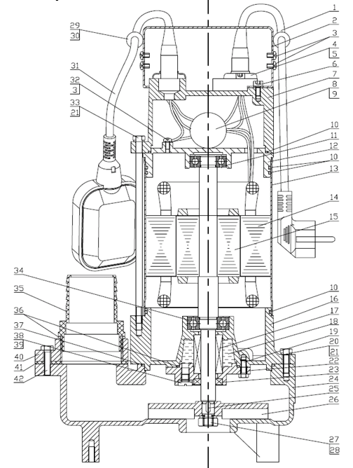 ЗУБР 750 Вт, фекальный насос (НПФ-750) - разборная схема