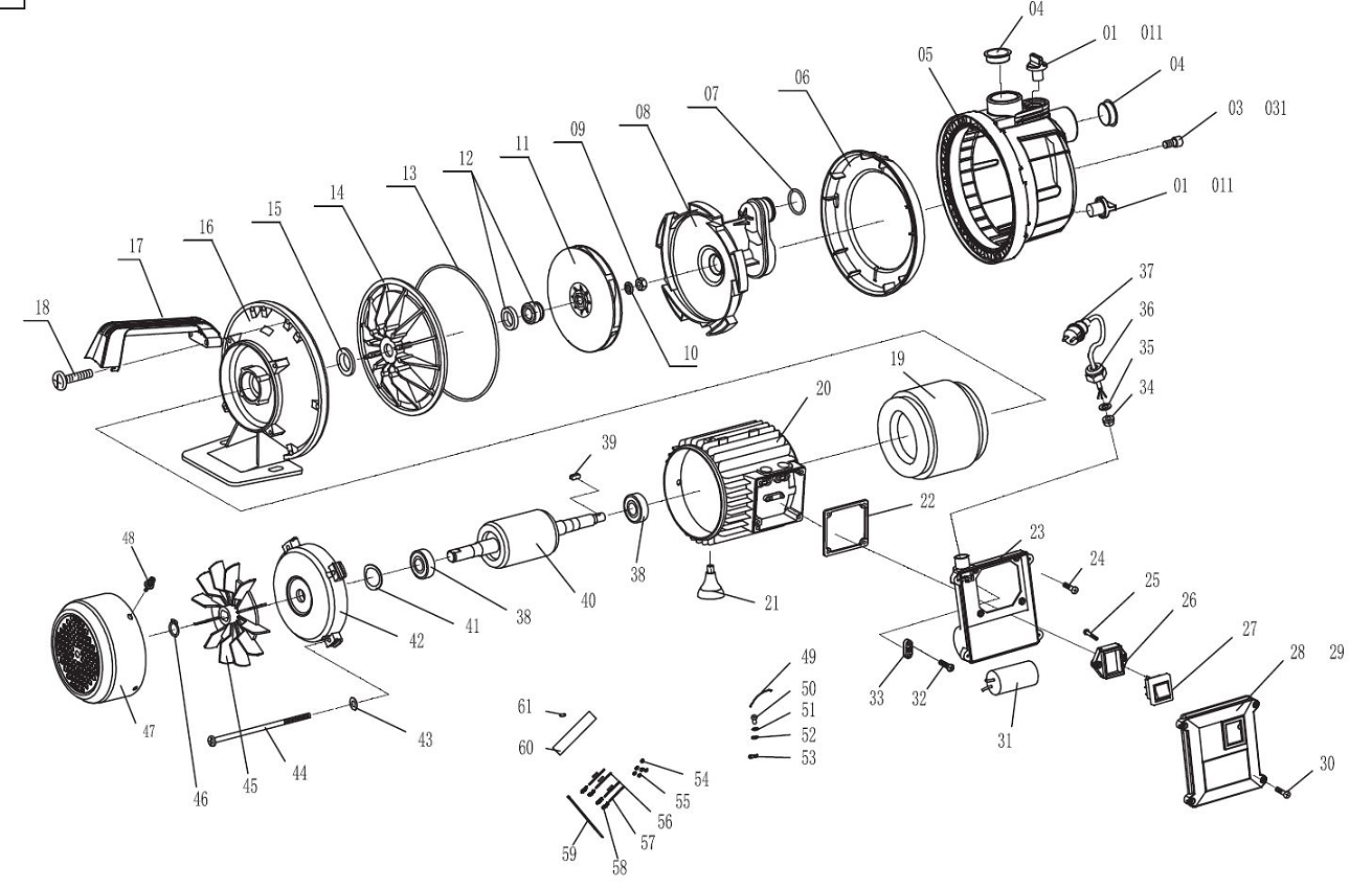 ЗУБР 1100 Вт, поверхностный (садовый) центробежный насос, Профессионал (НПЦ-Т3-1100) - разборная схема