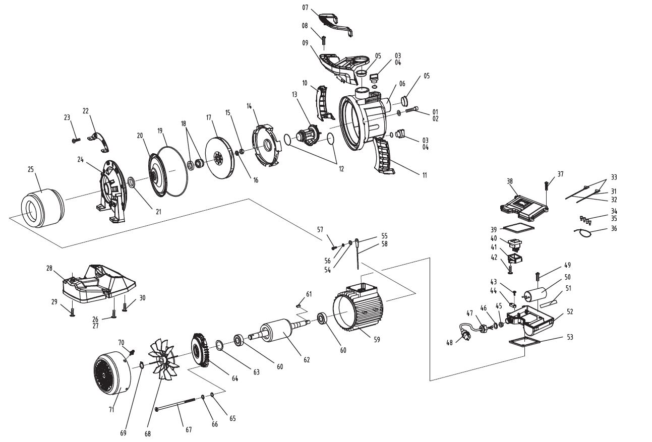 ЗУБР 800 Вт, поверхностный (садовый) центробежный насос, Профессионал (НПЦ-Т3-800) - разборная схема