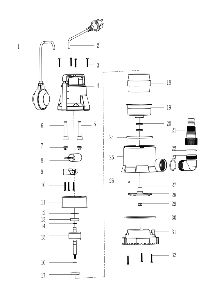 ЗУБР 250 Вт, дренажный насос с минимальным уровнем откачки (НПЧ-М1-250) - разборная схема