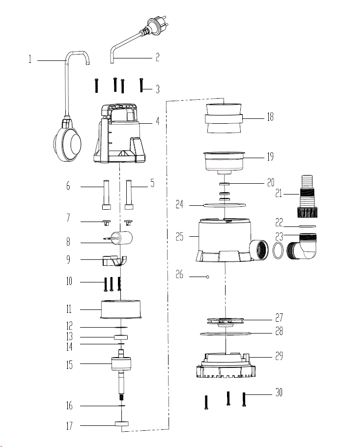 ЗУБР 400 Вт, дренажный насос с минимальным уровнем откачки (НПЧ-М1-400) - разборная схема
