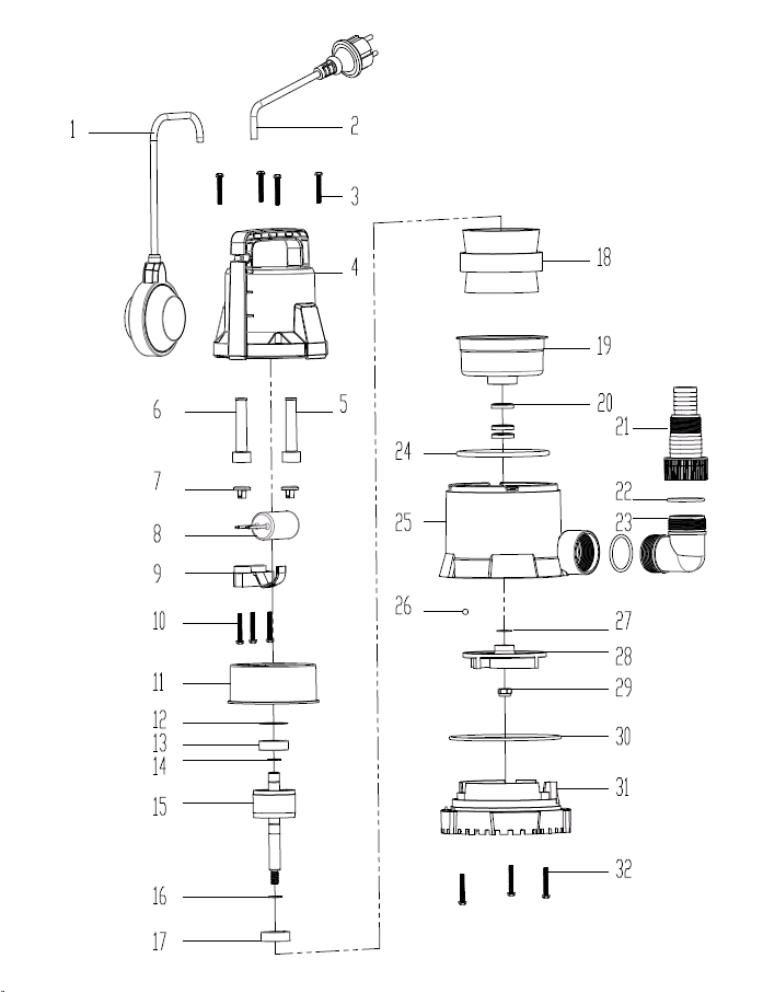 ЗУБР 550 Вт, дренажный насос с минимальным уровнем откачки (НПЧ-М1-550) - разборная схема