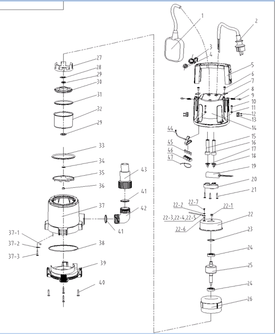 ЗУБР 750 Вт, дренажный насос с минимальным уровнем откачки, Профессионал (НПЧ-Т3-750) - разборная схема