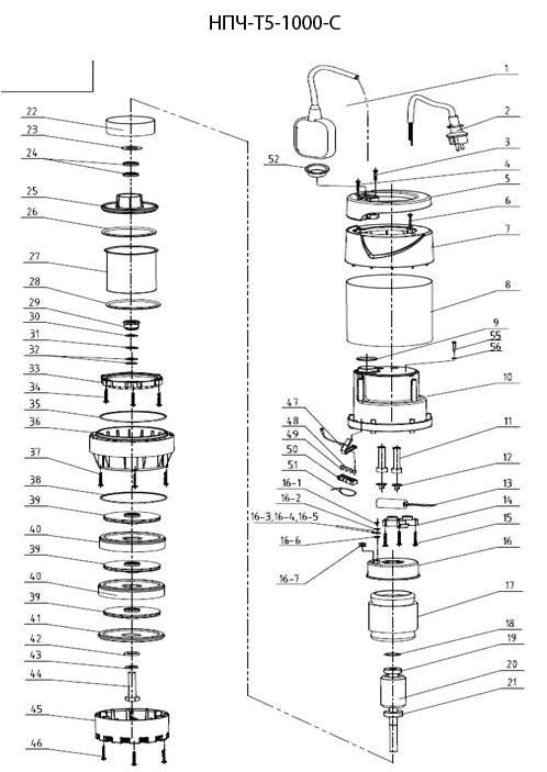 ЗУБР 1000 Вт, дренажный насос с большим напором, корпус из нержавеющей стали, Профессионал (НПЧ-Т5-1000-С) - разборная схема