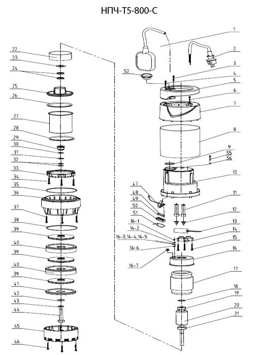 ЗУБР 800 Вт, дренажный насос с большим напором, корпус из нержавеющей стали, Профессионал (НПЧ-Т5-800-С) - разборная схема
