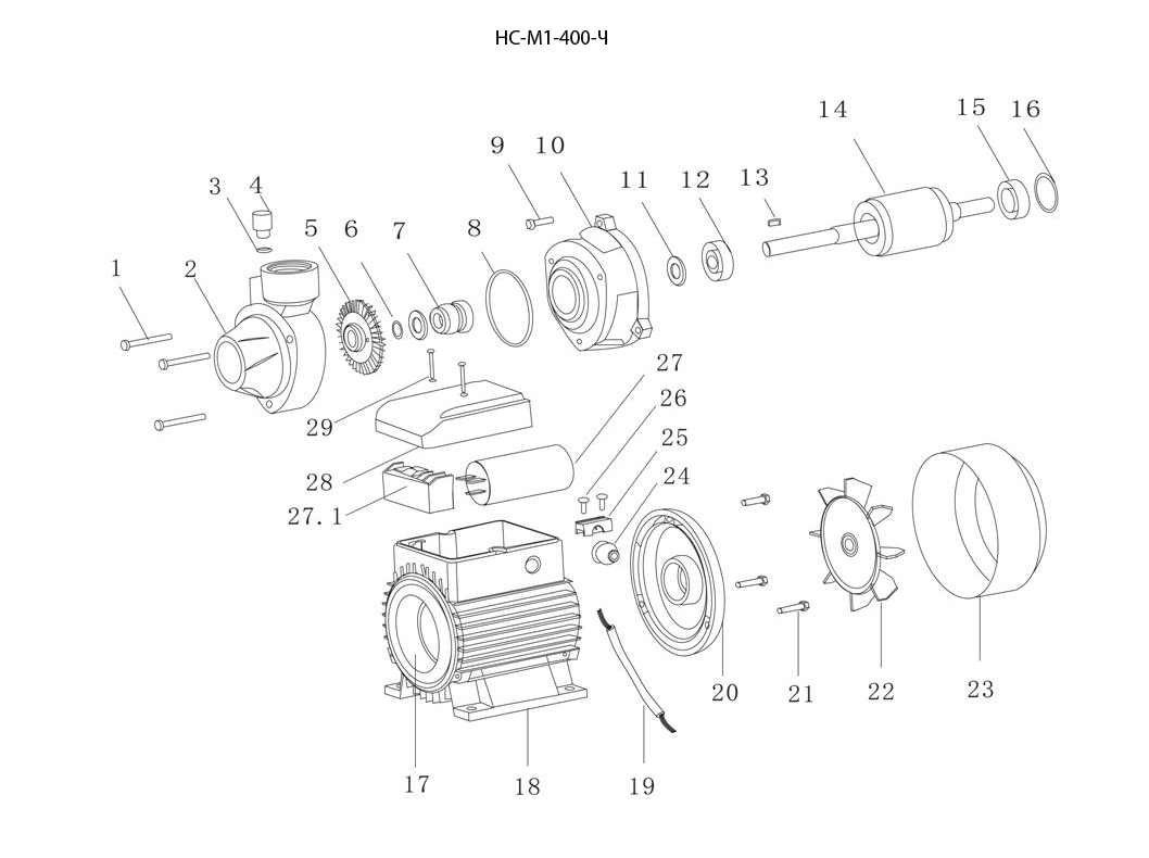 ЗУБР 400 Вт , поверхностный вихревой насос, корпус из чугуна (НС-М1-400-Ч) - разборная схема
