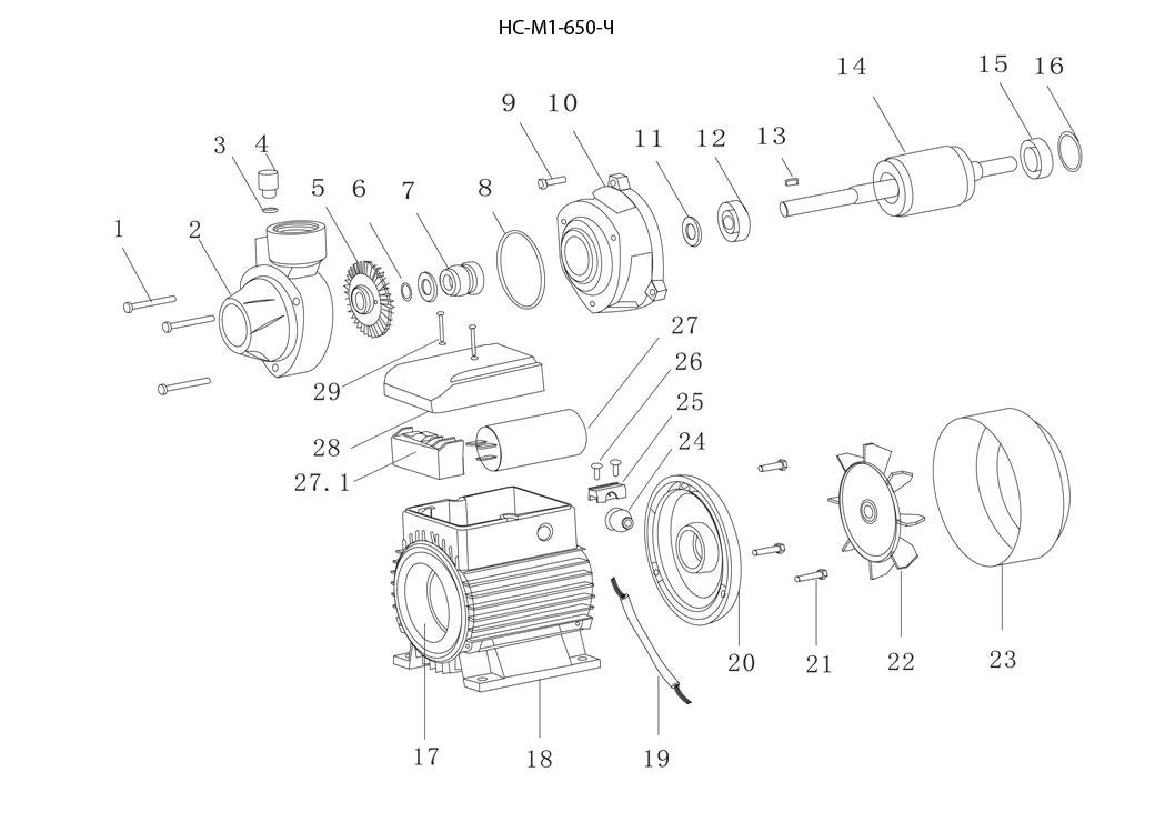 ЗУБР 650 Вт , поверхностный вихревой насос, корпус из чугуна (НС-М1-650-Ч) - разборная схема