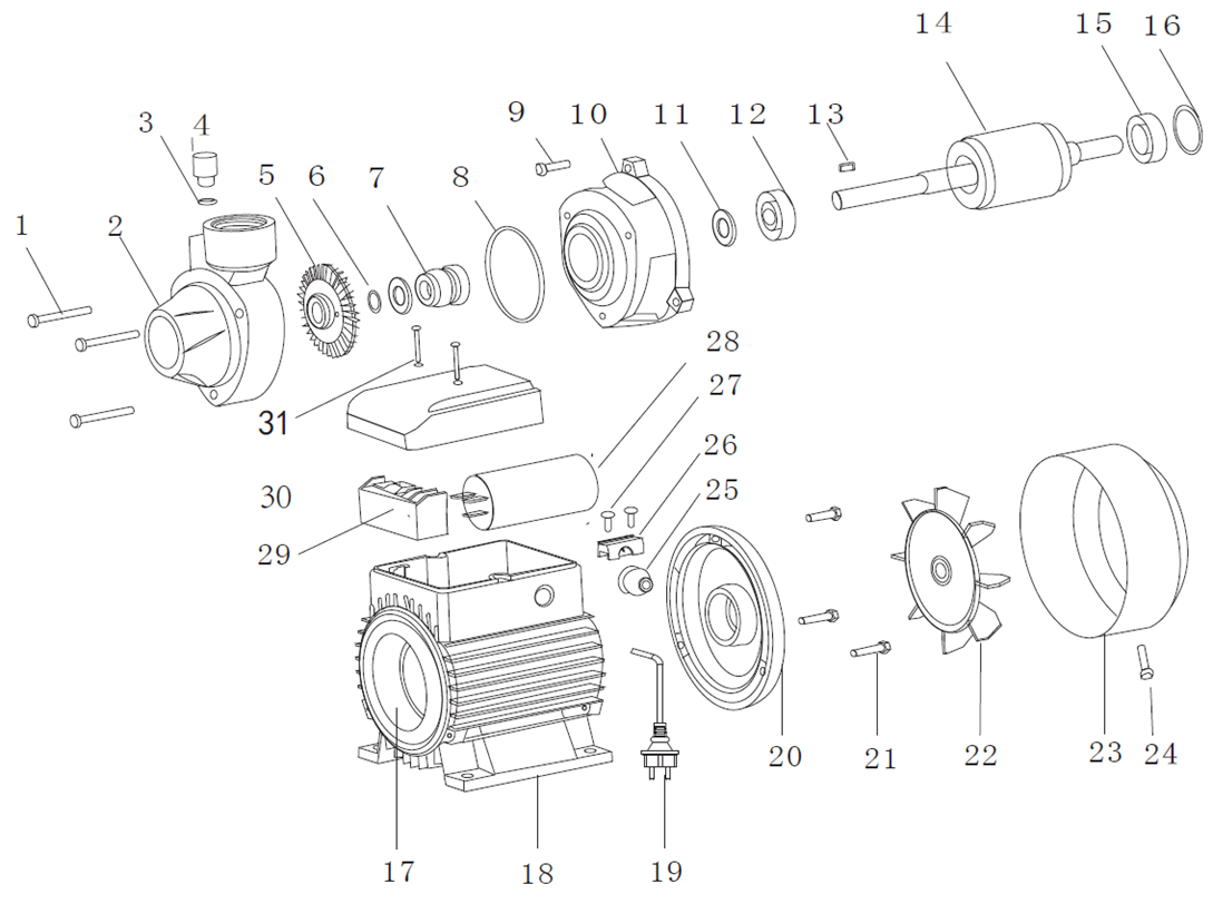 ЗУБР 800 Вт, поверхностный (садовый) центробежный насос (НС-М1-800) - посмотреть вариант разборной схемы