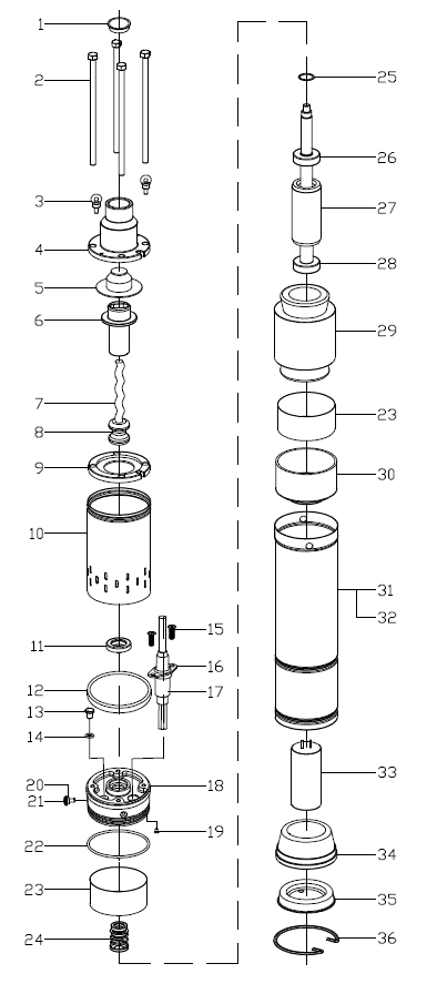 ЗУБР 1300 Вт, 155 м напор, скважинный винтовой насос, корпус из нержавеющей стали (НСВ-100-155) - разборная схема