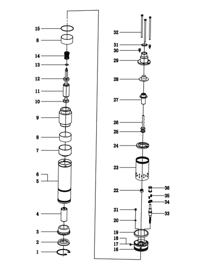 ЗУБР 900 Вт, 110 м напор, скважинный насос винтовой, корпус из нержавеющей стали (НСВ-75-110) - разборная схема